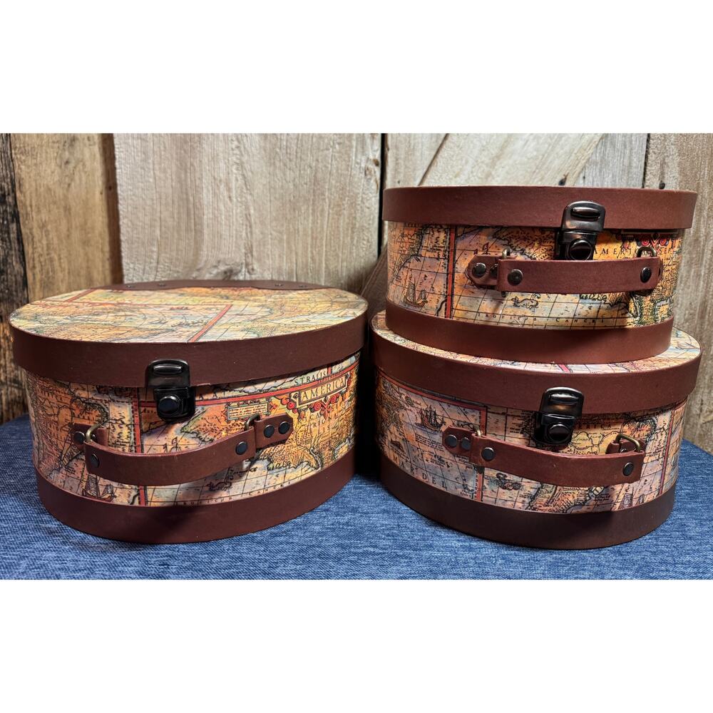 Vintage Old World Map Cardboard Nesting Hatbox Storage Metal Push Lock Accents - Picture 5 of 13